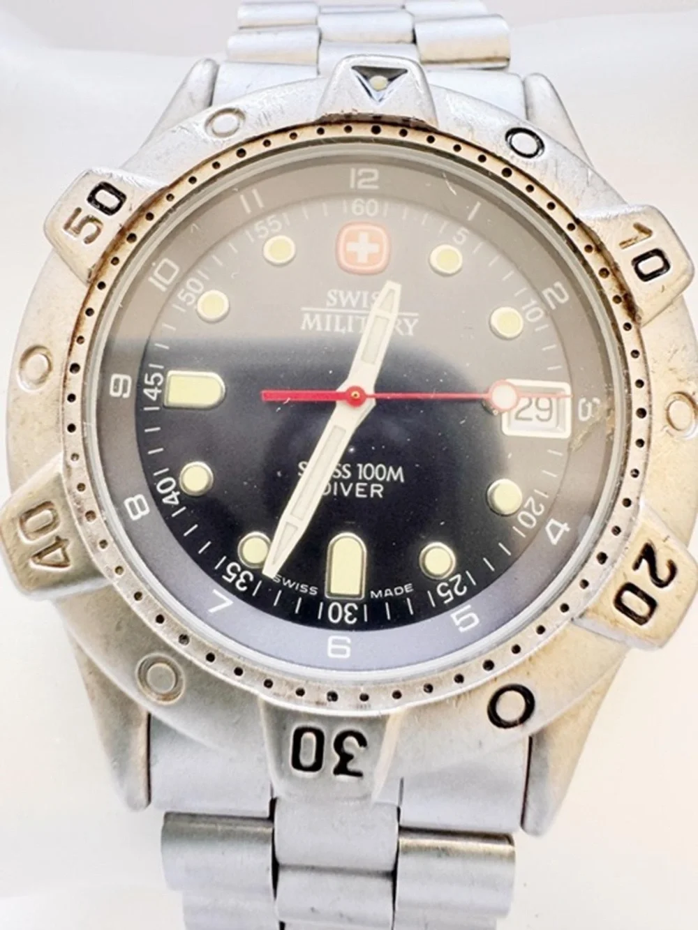 Swiss Military Men’s Diver Watch 100M Black Dial Stainless Steel 38mm Running